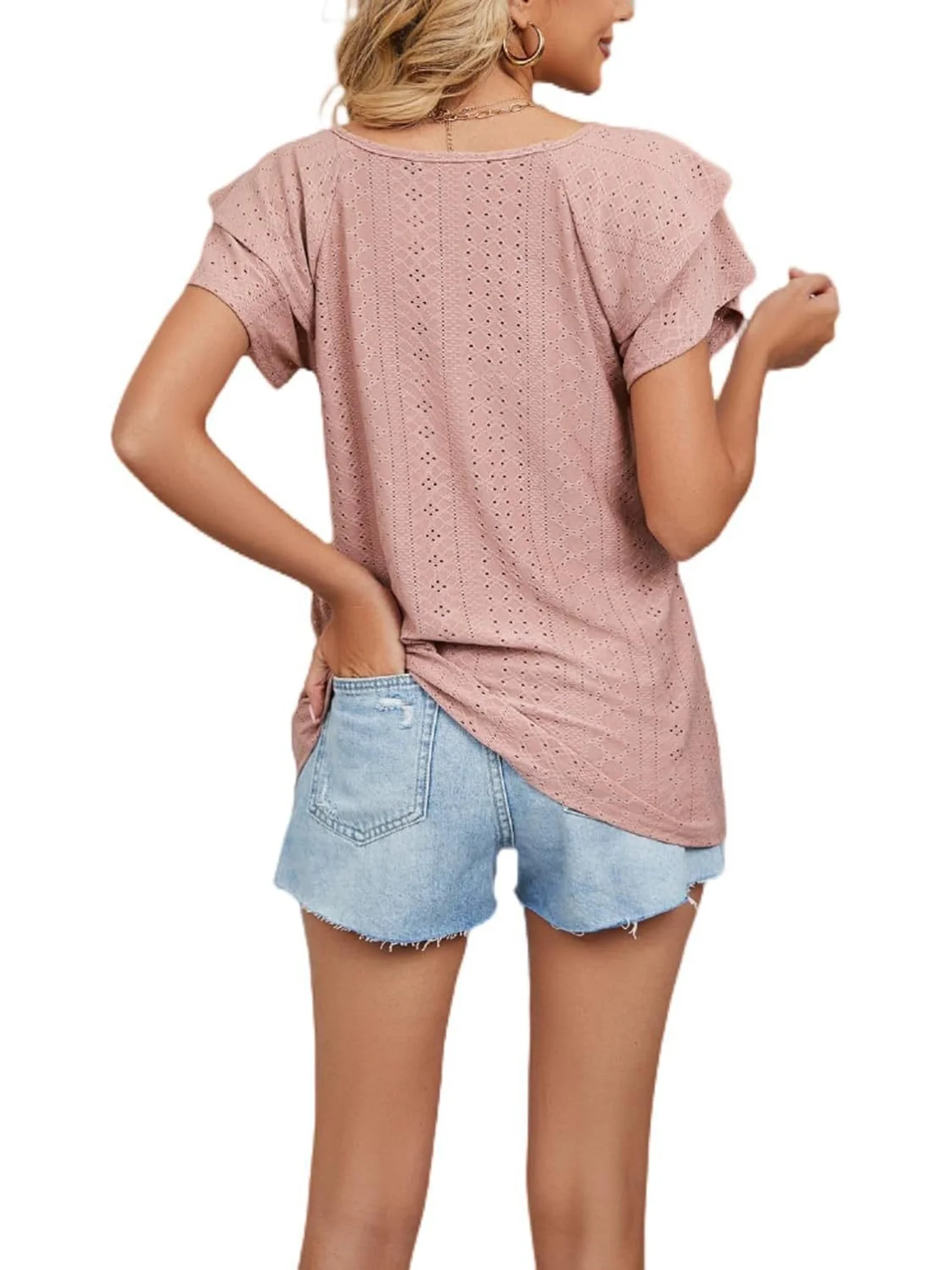 Women V Neck Eyelet Embroidery Blouse Ruffle Short Sleeve Hollow Out Casual Summer Tops