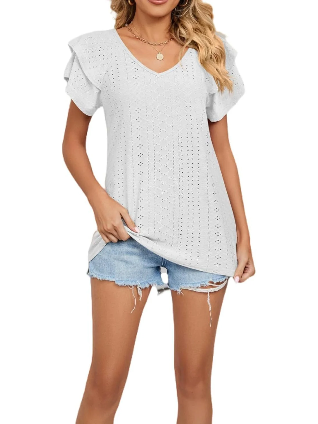 Women V Neck Eyelet Embroidery Blouse Ruffle Short Sleeve Hollow Out Casual Summer Tops