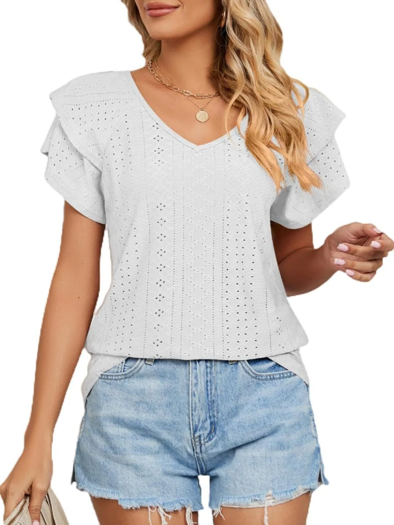 Women V Neck Eyelet Embroidery Blouse Ruffle Short Sleeve Hollow Out Casual Summer Tops