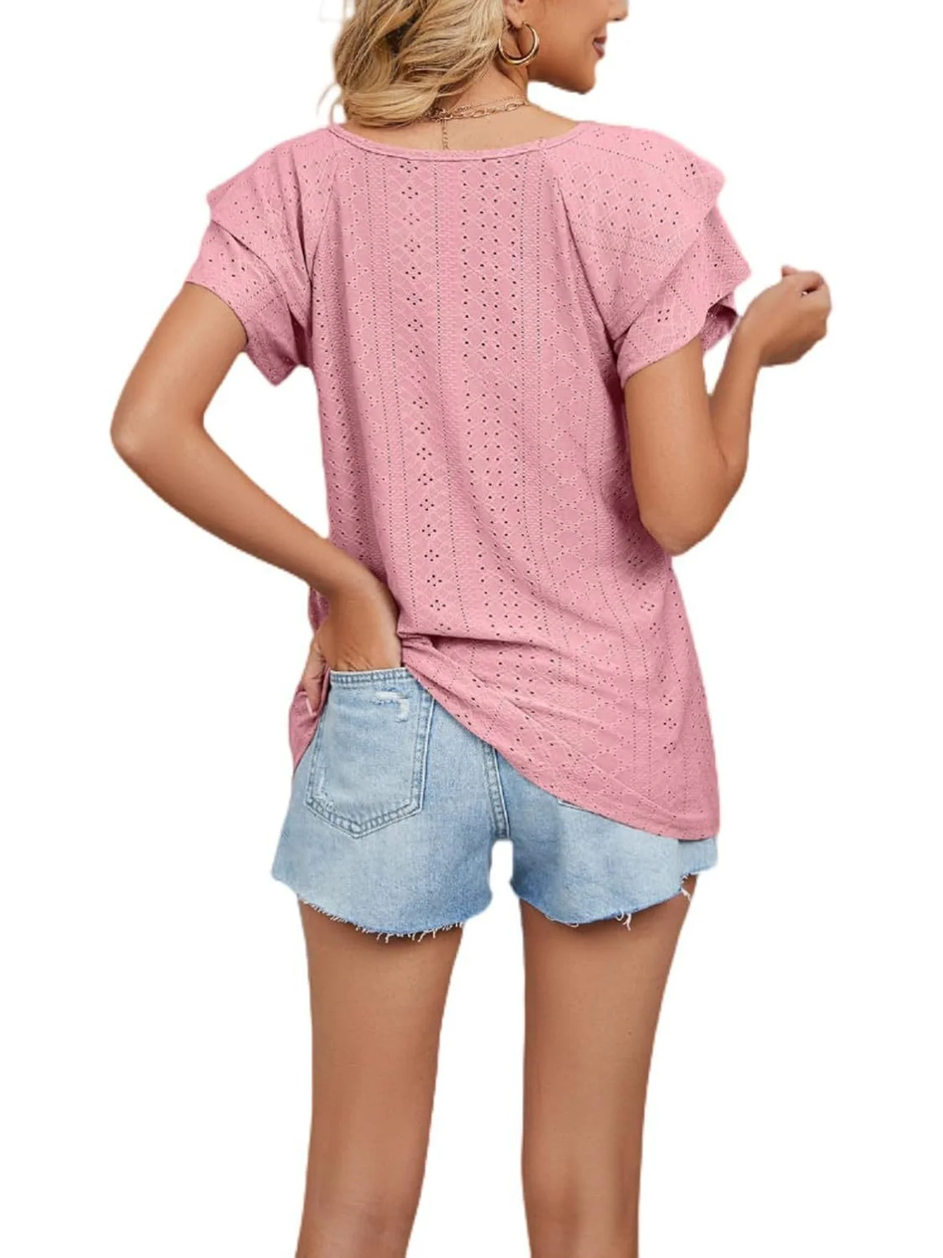Women V Neck Eyelet Embroidery Blouse Ruffle Short Sleeve Hollow Out Casual Summer Tops