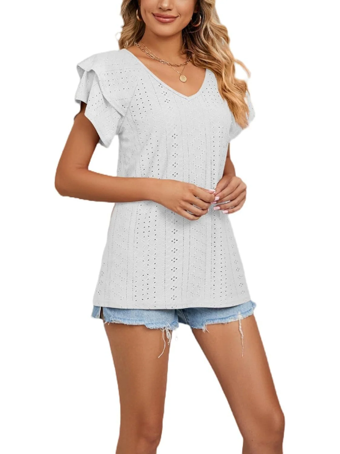 Women V Neck Eyelet Embroidery Blouse Ruffle Short Sleeve Hollow Out Casual Summer Tops