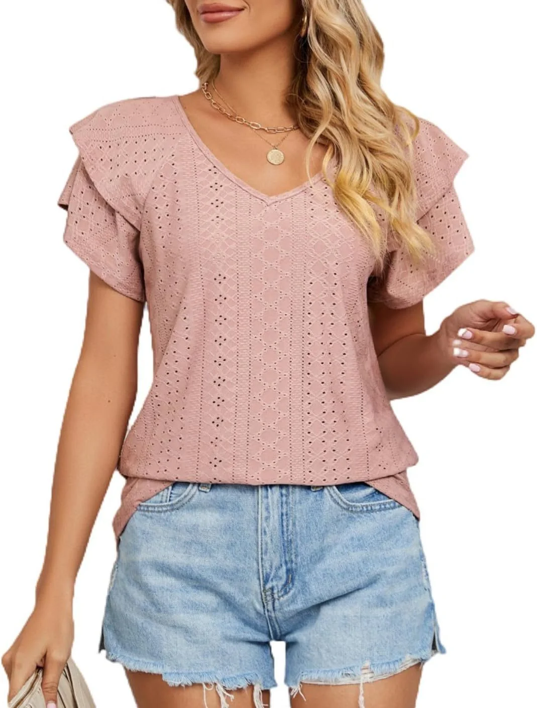 Women V Neck Eyelet Embroidery Blouse Ruffle Short Sleeve Hollow Out Casual Summer Tops