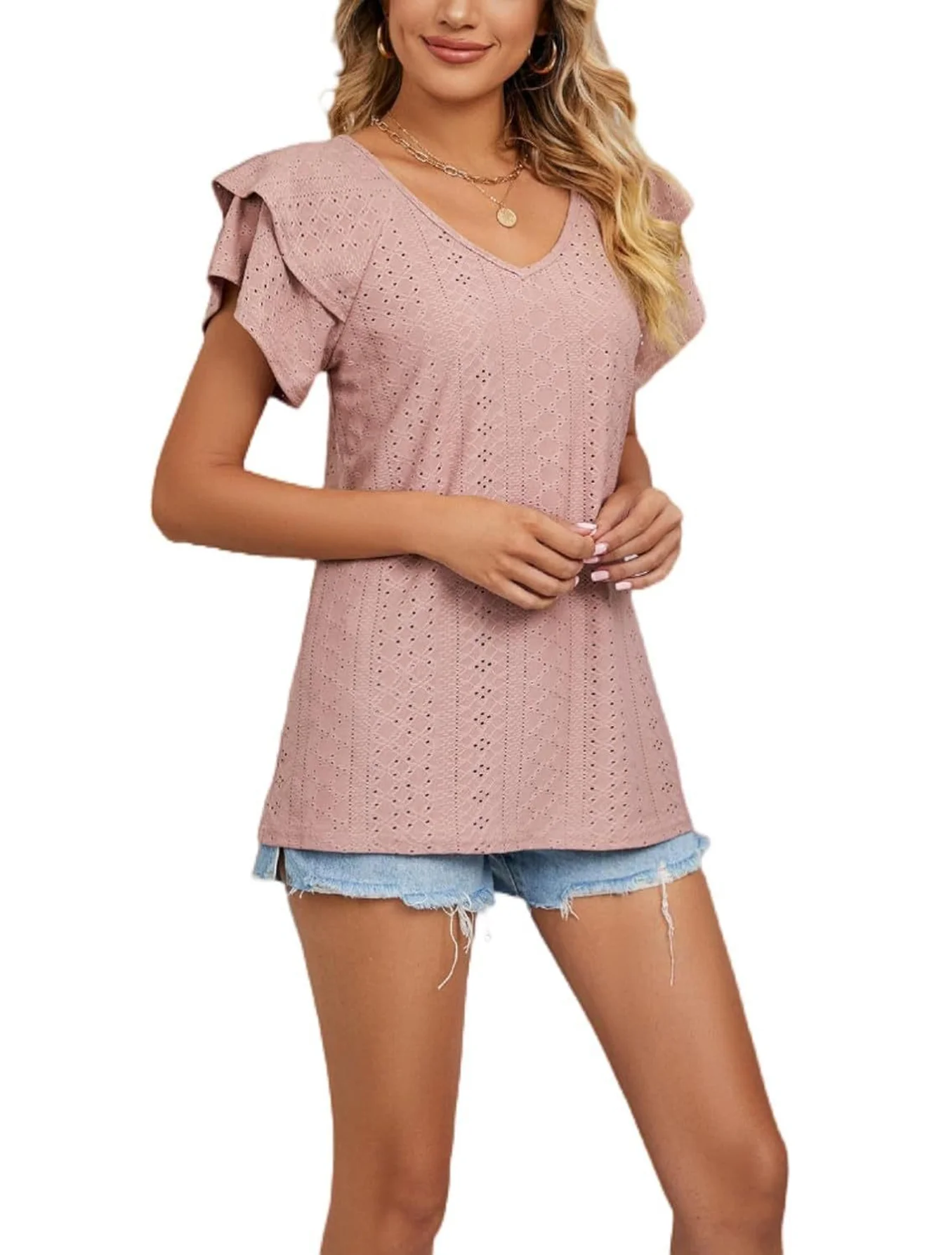 Women V Neck Eyelet Embroidery Blouse Ruffle Short Sleeve Hollow Out Casual Summer Tops
