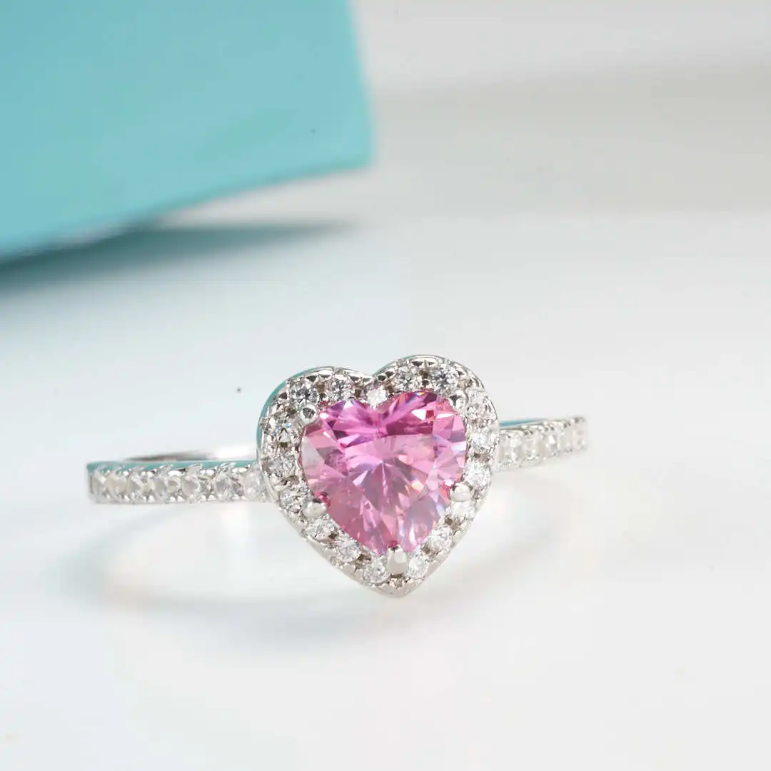 1.0Ct 6.5mm Heart Shape Pink Color Moissanite Engagement Women's Ring Solitaire 925 Sterling Silver Diamond Rings Fine Jewelry