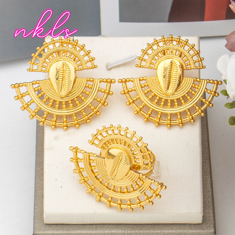 Dubai Copper Jewelry Set for Women Brazilian Gold Color Clip Earrings and Ring Set Weddings Party Accessories Jewellery Gifts