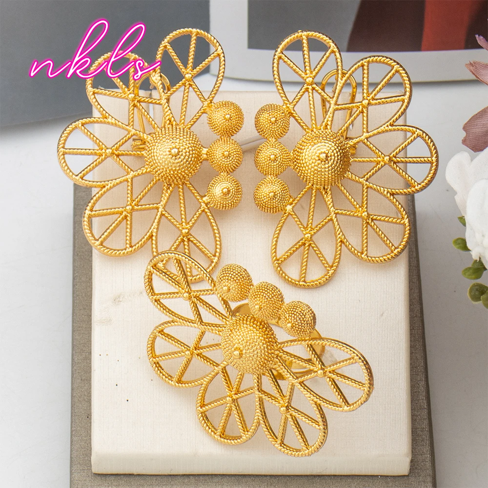 Dubai Copper Jewelry Set for Women Brazilian Gold Color Clip Earrings and Ring Set Weddings Party Accessories Jewellery Gifts