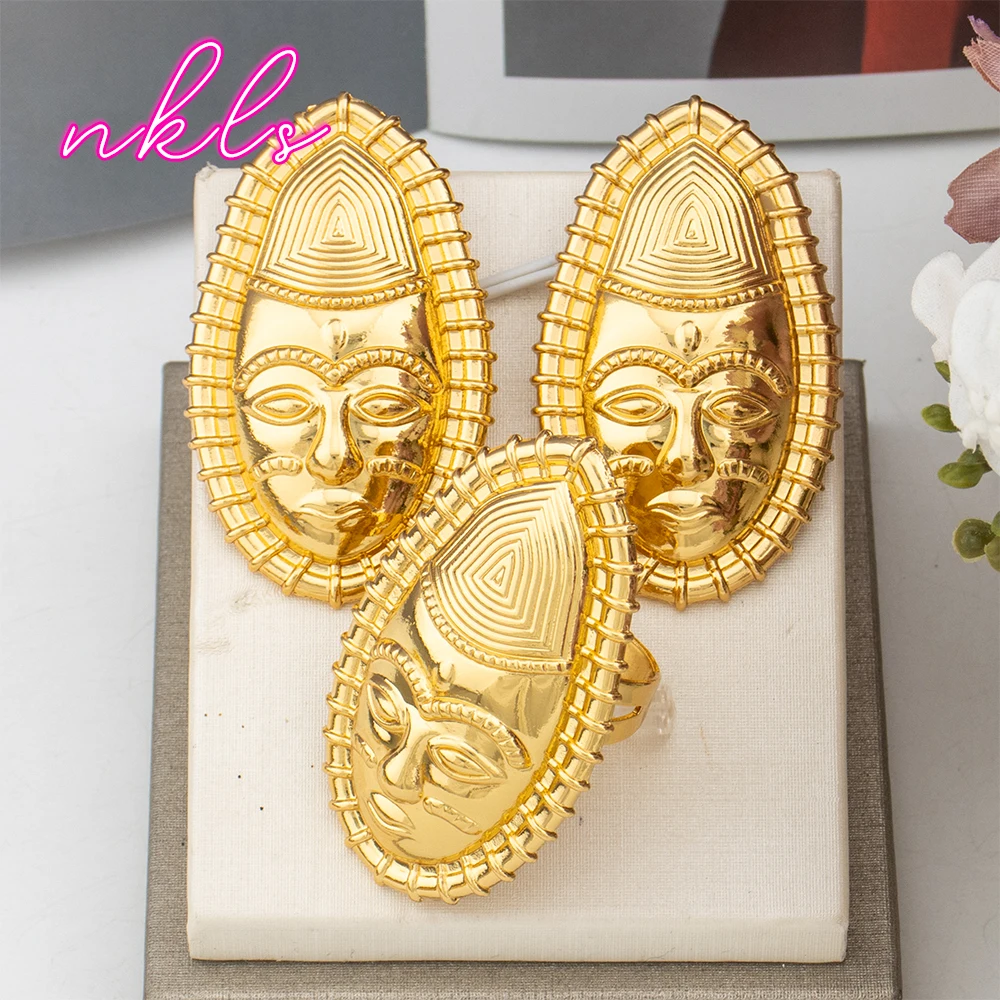Dubai Copper Jewelry Set for Women Brazilian Gold Color Clip Earrings and Ring Set Weddings Party Accessories Jewellery Gifts