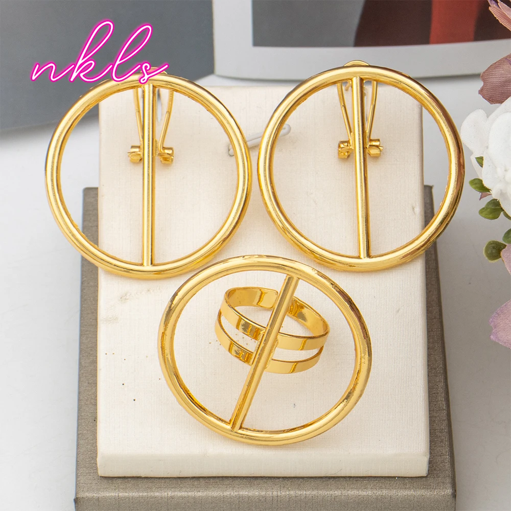 Dubai Copper Jewelry Set for Women Brazilian Gold Color Clip Earrings and Ring Set Weddings Party Accessories Jewellery Gifts