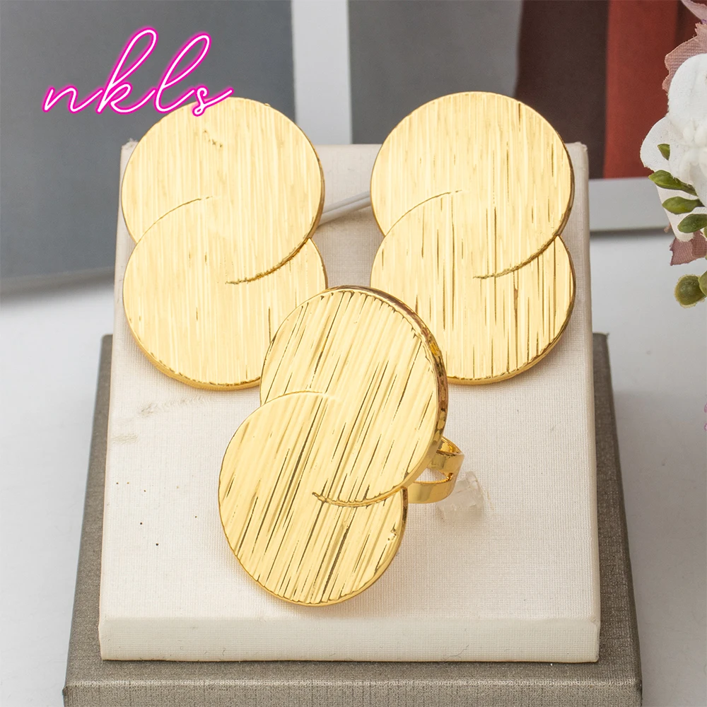 Dubai Copper Jewelry Set for Women Brazilian Gold Color Clip Earrings and Ring Set Weddings Party Accessories Jewellery Gifts