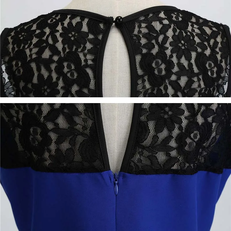 Blue Lace Patchwork Summer Dress Women Elegant Vintage Party Dress Casual Office Ladies Work Dress
