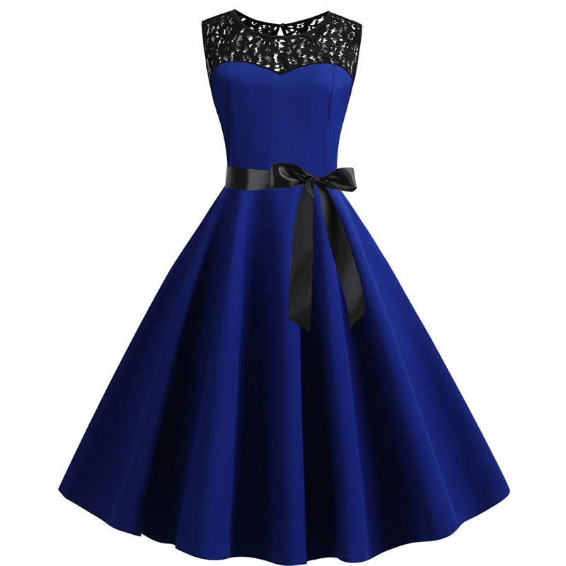Blue Lace Patchwork Summer Dress Women Elegant Vintage Party Dress Casual Office Ladies Work Dress