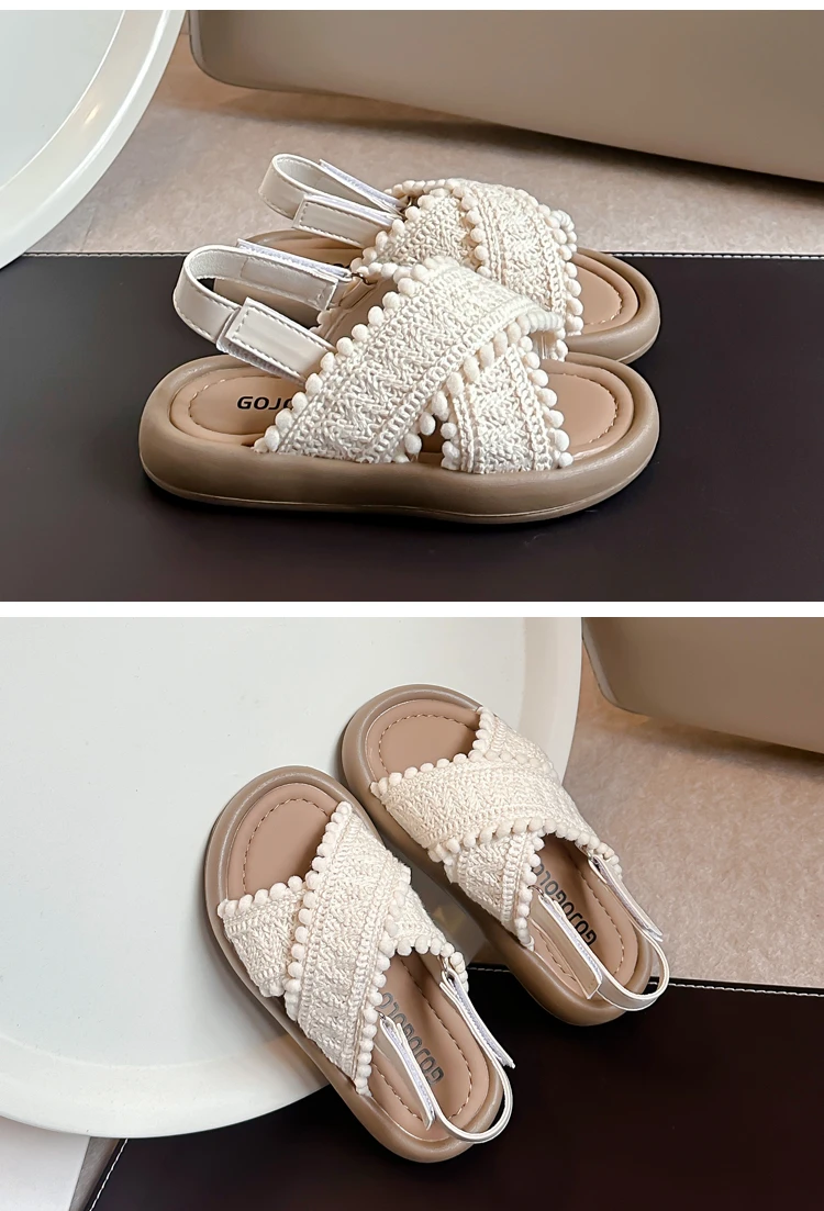 Girls Sandals Summer New Cute National Style Cross Hook & Loop Soft Bottom Princess Fashion Sandals Children Casual Beach Shoes