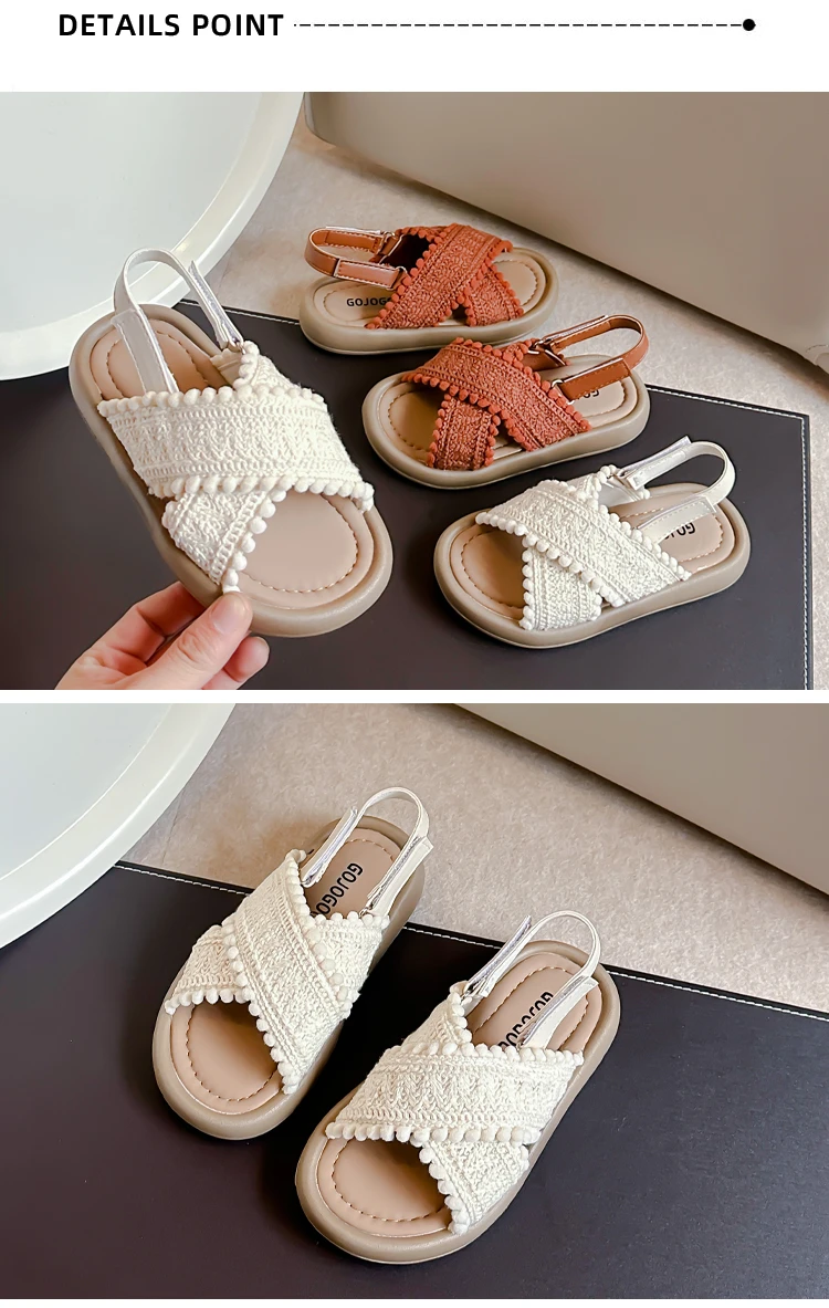 Girls Sandals Summer New Cute National Style Cross Hook & Loop Soft Bottom Princess Fashion Sandals Children Casual Beach Shoes