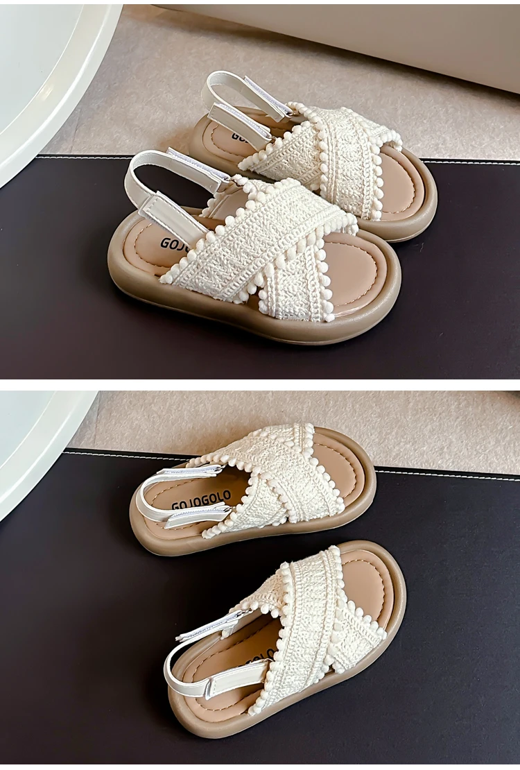 Girls Sandals Summer New Cute National Style Cross Hook & Loop Soft Bottom Princess Fashion Sandals Children Casual Beach Shoes