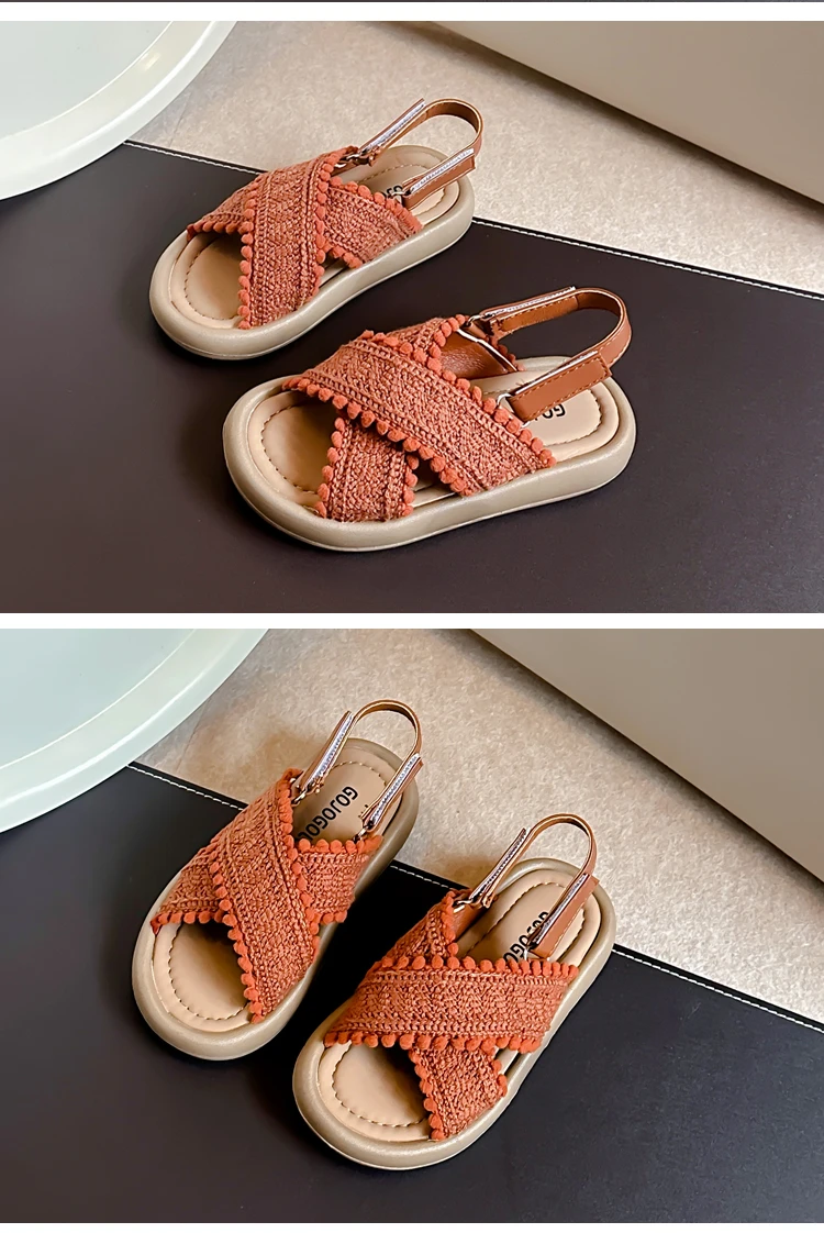 Girls Sandals Summer New Cute National Style Cross Hook & Loop Soft Bottom Princess Fashion Sandals Children Casual Beach Shoes