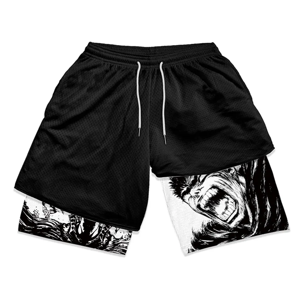 Y2K Summer Men Streetwear Anime Berserk Oversize Active Athletic Gym Short Pants Training Fitness Workout Track Shorts Clothes
