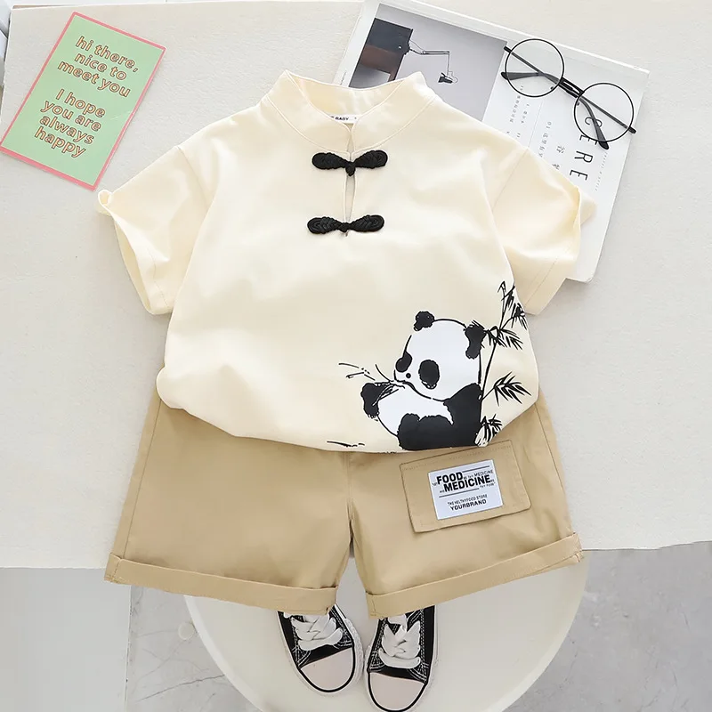 Boys Sets Summer Children Clothing Boys Chinese Style Tang Costumes Panda Print Cotton T-Shirt Shorts 2pcs Kids Casual Outfits