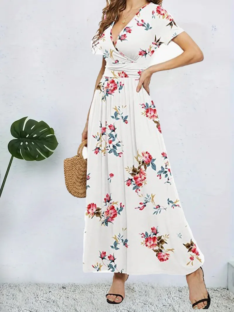 Spring and Summer New Style Fashionable and Elegant Short-Sleeved Wrap Waist V-Neck Women's Dress with Pockets