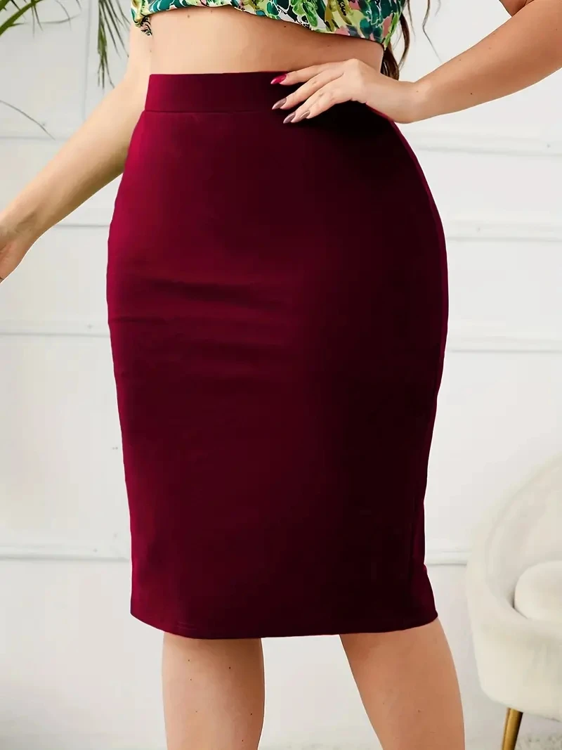2026 Summer Plus Size Solid Slim Skirt, Casual High Waist Slit Skirt, Women's Plus SizeClothing