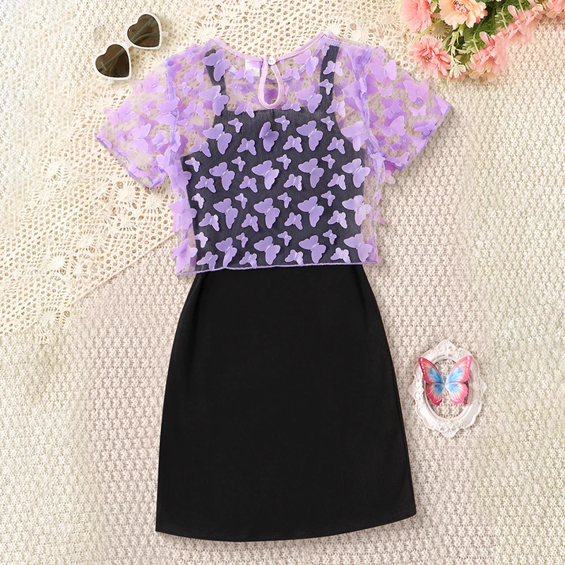 Girls' Summer Butterfly 2-Piece Dress & Tee Set - Stretchy, Comfortable & Easy-Care Kidswear