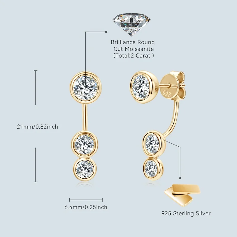 All Round Moissanite Diamond Ear Jacket Earrings 5mm&4mm&3.5mm 925 Real Silver Stud Earring for Women 2024 Unique Fine Jewelry