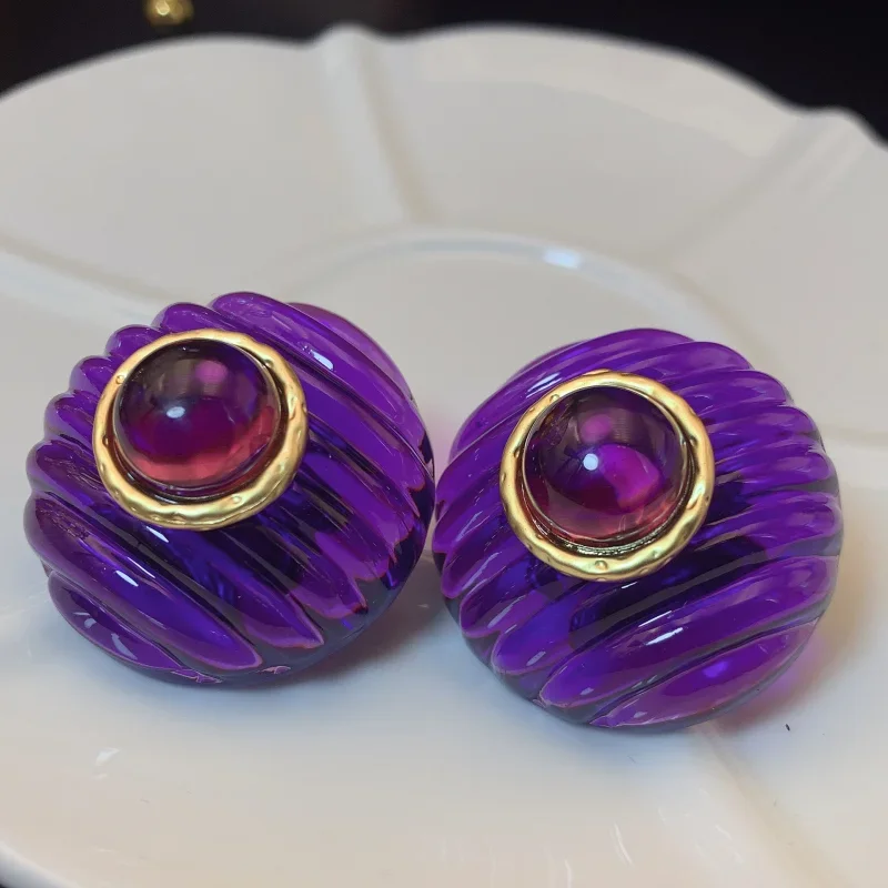 Trendy Jewelry Vintage Temperament Rings Senior Sense Purple Resin Stud Earrings For Women Girl 2024 Trend New Accessories