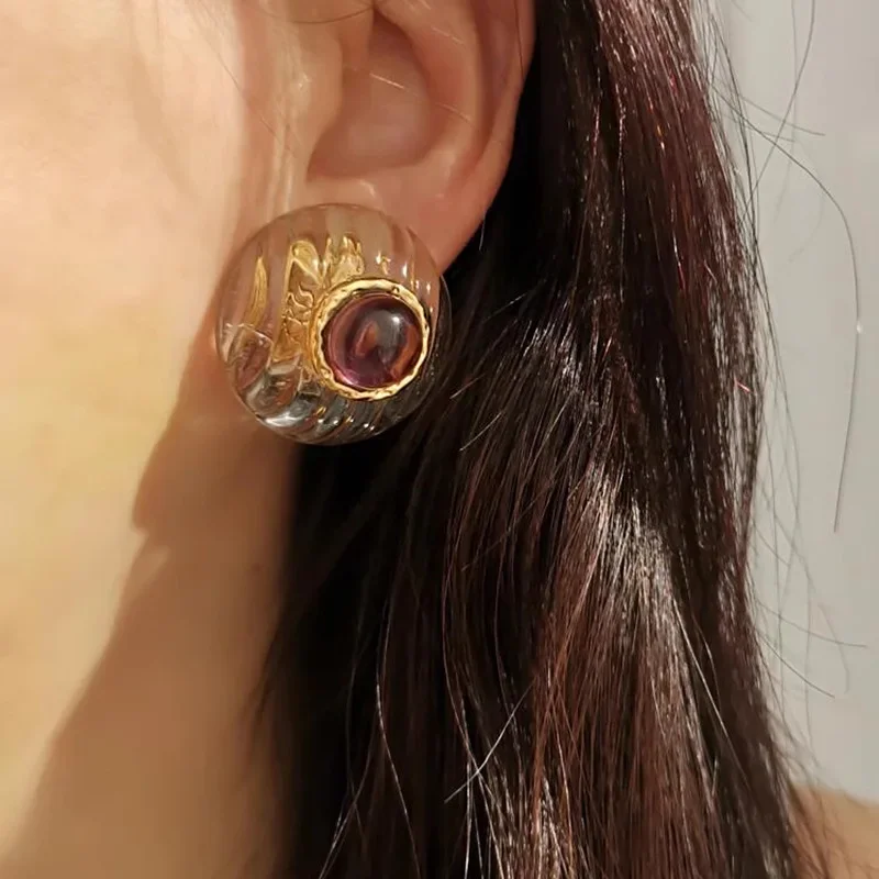 Trendy Jewelry Vintage Temperament Rings Senior Sense Purple Resin Stud Earrings For Women Girl 2024 Trend New Accessories