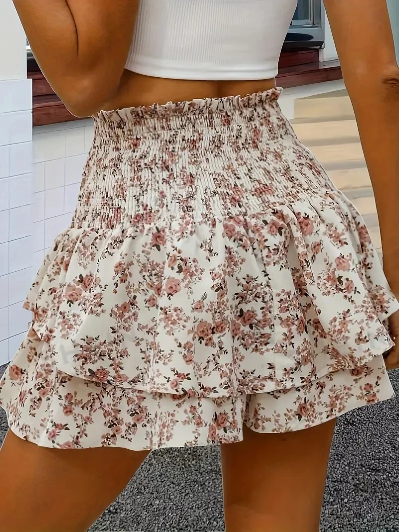 Spring and summer small floral print elastic waist elegant layered hem shorts fashion casual high waist shorts