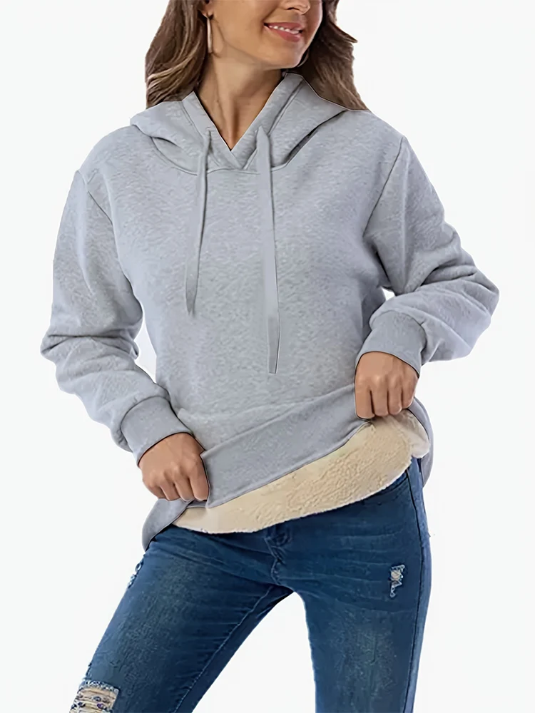 2025 Spring New Women's Solid Colour Warm Sweatshirt Hooded Lace-up Winter Sweatshirt with Pockets For Acrylic Sweaters