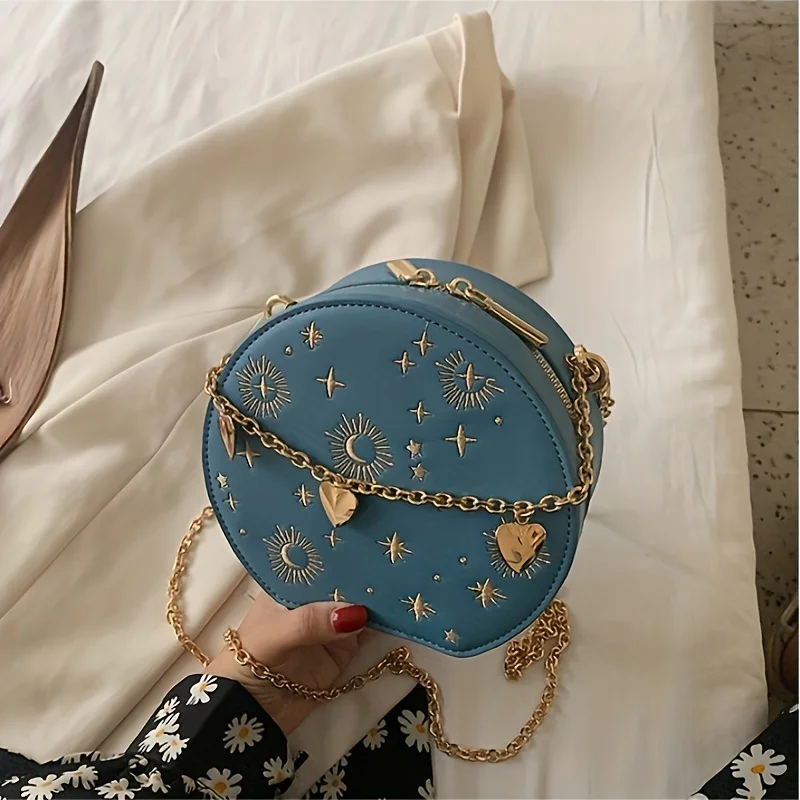 Mini Embroidered Round Bag, Chain Heart Decor Crossbody Bag, Star Moon Pattern Circle Purse Valentine's Day gift