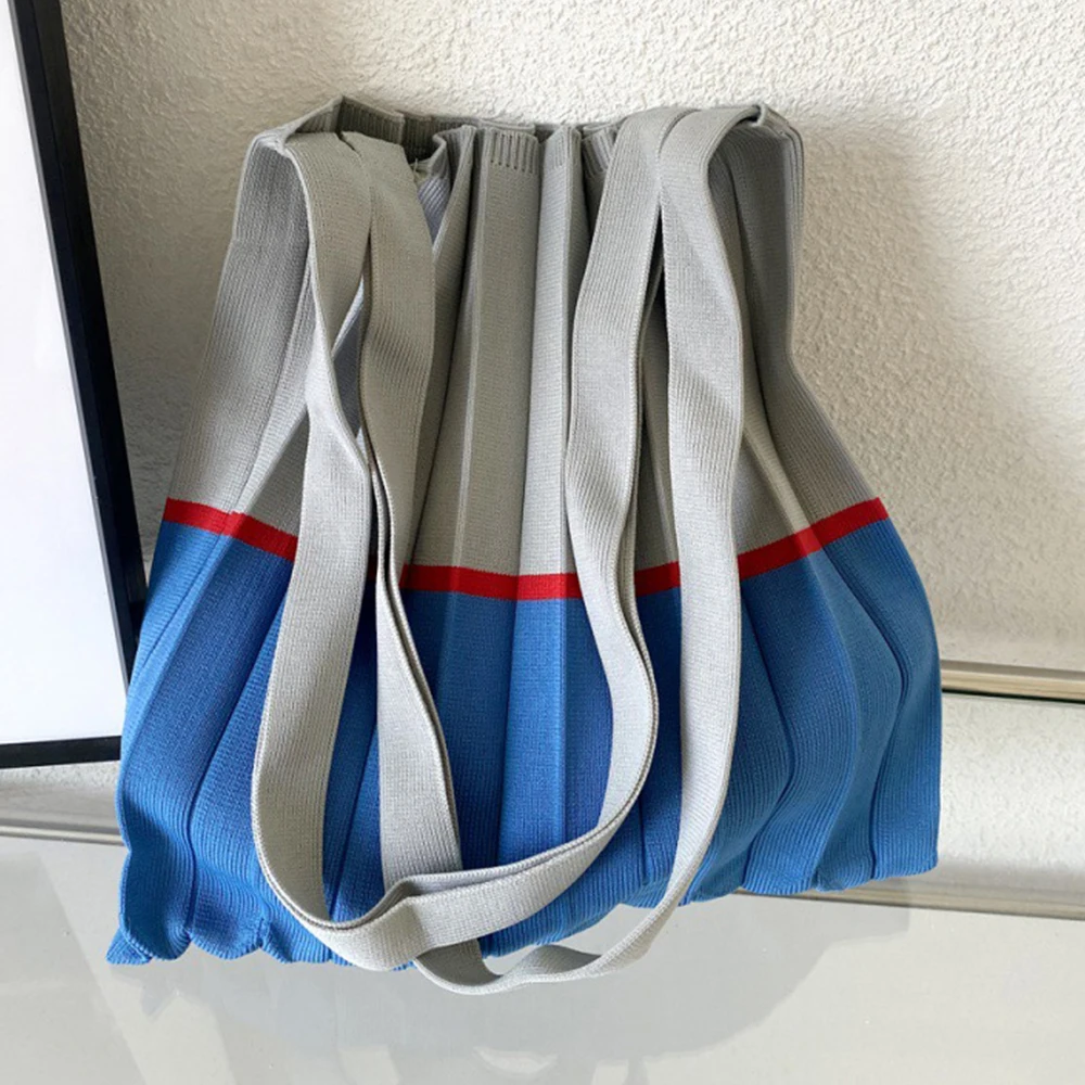 Retro Pleats Crochet Tote Bag Fashion Large Capacity Shoulder Bag Reusable Knitted Handbags Casual Braid Travel Bag for Women
