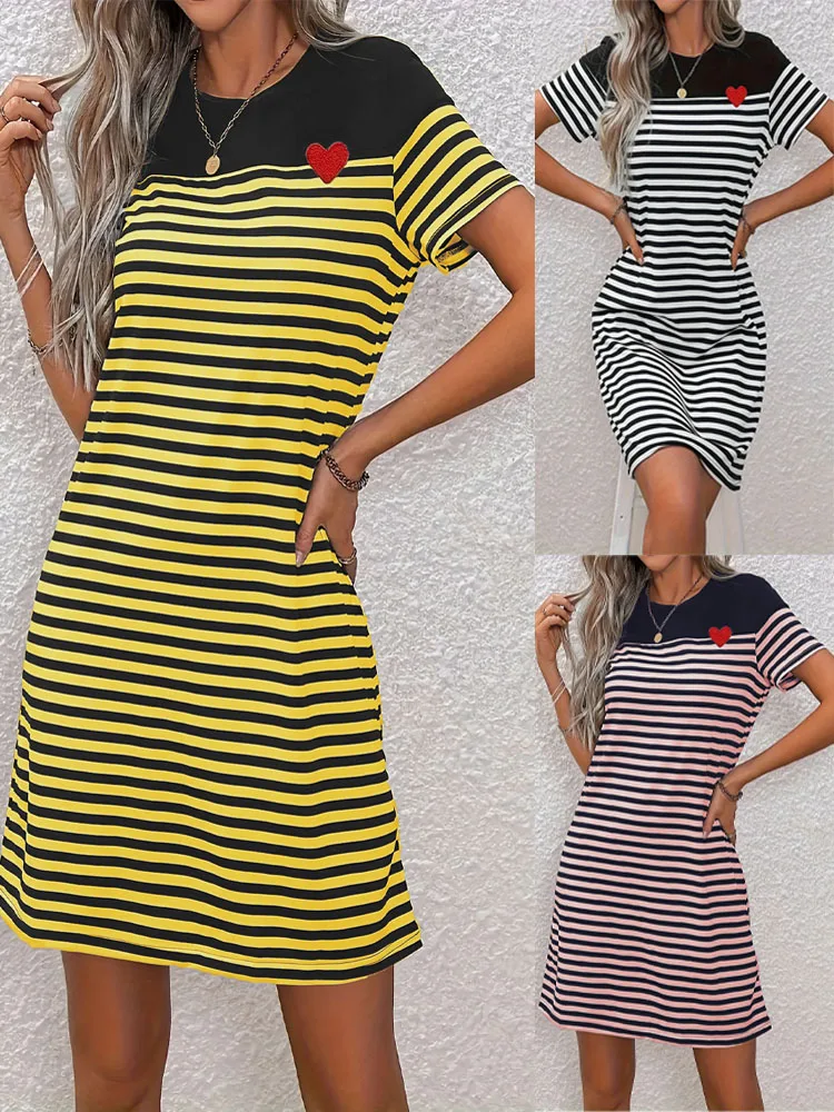 Hot-selling casual fashion round-neck black and white striped short-sleeved color-blocked T-shirt dress knitted dress for women