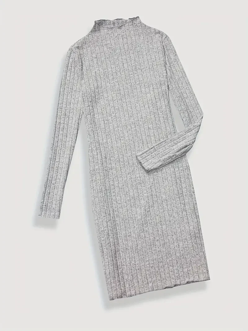 Solid Ribbed Crew Neck Dress Elegant Long Sleeve Bodycon Lettuce Trim Dress Women's Clothing