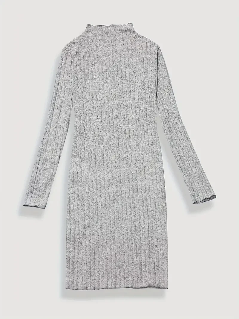 Solid Ribbed Crew Neck Dress Elegant Long Sleeve Bodycon Lettuce Trim Dress Women's Clothing