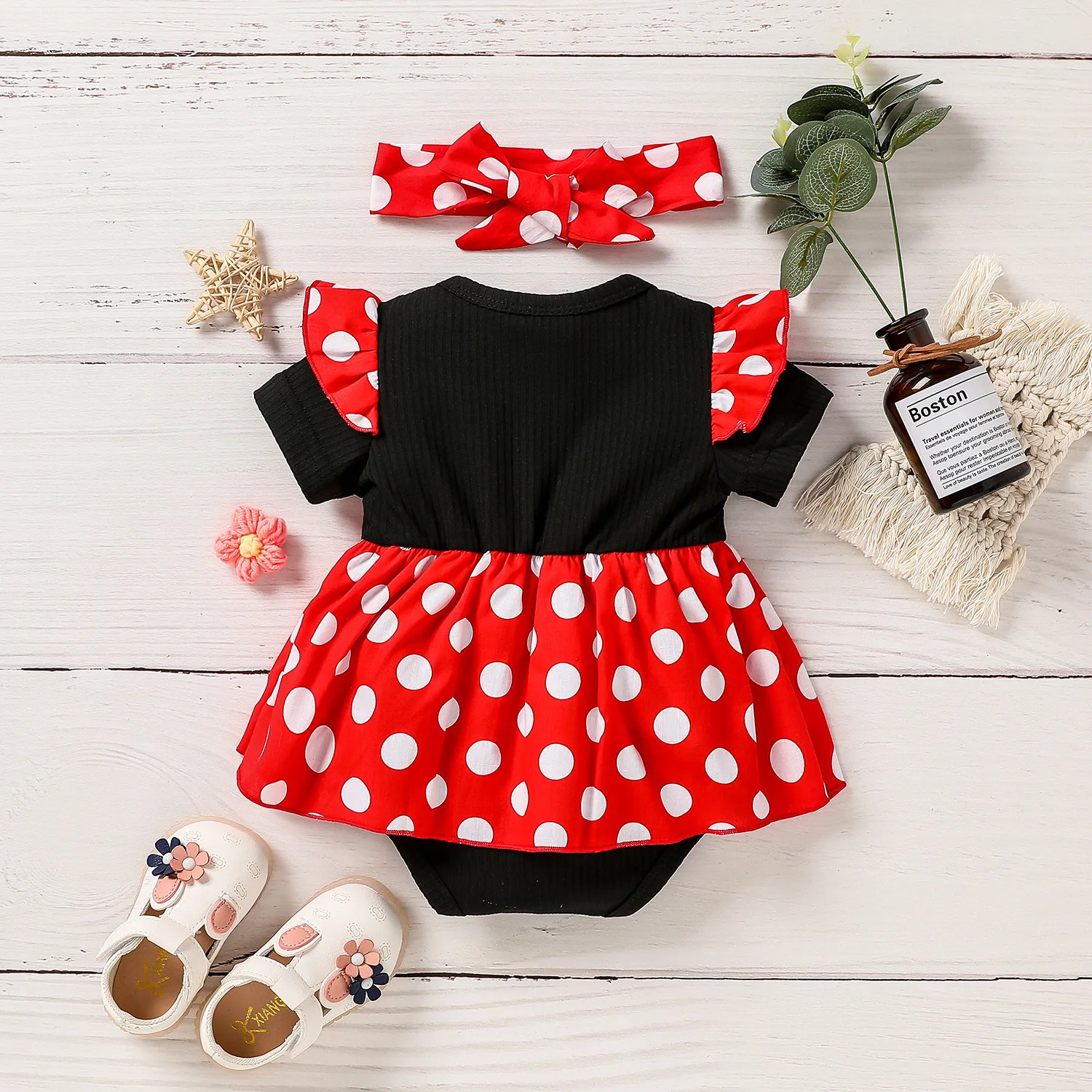 Newborn Baby Girl Polka Dot Dress With Bow Outfit - Soft Summer Wear for Infants - Cute Clothing + Headband