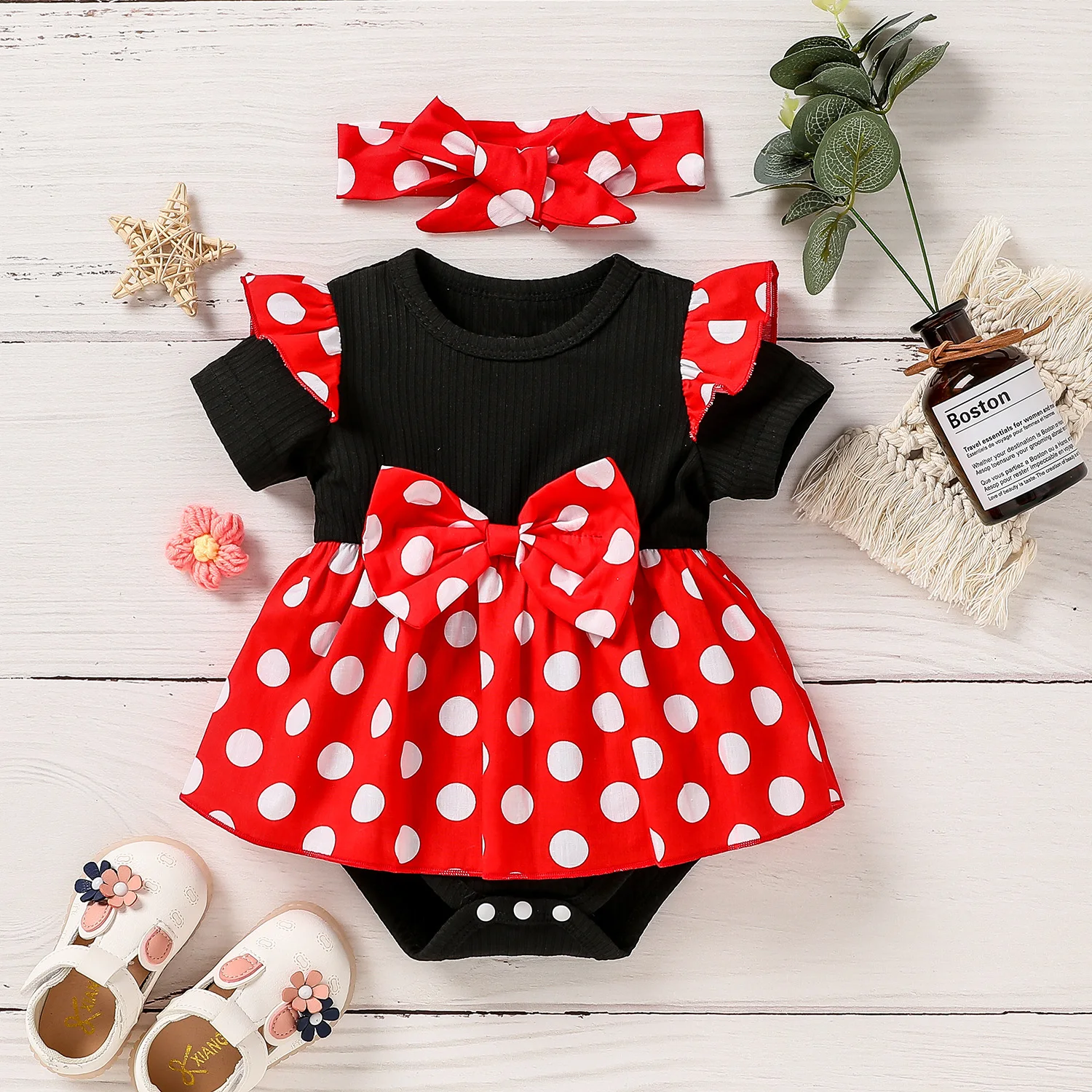 Newborn Baby Girl Polka Dot Dress With Bow Outfit - Soft Summer Wear for Infants - Cute Clothing + Headband