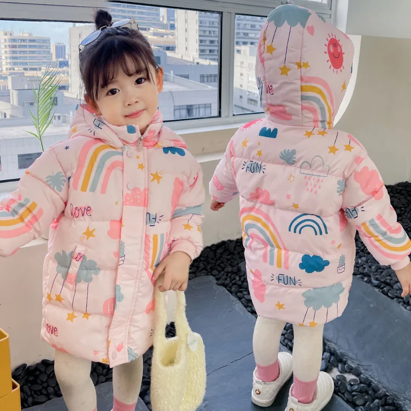 Winter Long Style Boys Girls Down Jackets Keep Warm Cotton Coat Autumn Hooded Windbreaker Outerwear for 2-7 Years Kids Clothes