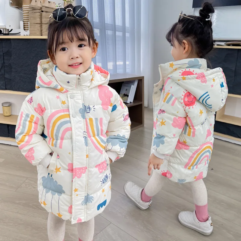 Winter Long Style Boys Girls Down Jackets Keep Warm Cotton Coat Autumn Hooded Windbreaker Outerwear for 2-7 Years Kids Clothes