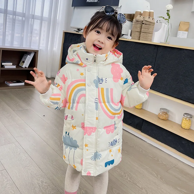 Winter Long Style Boys Girls Down Jackets Keep Warm Cotton Coat Autumn Hooded Windbreaker Outerwear for 2-7 Years Kids Clothes