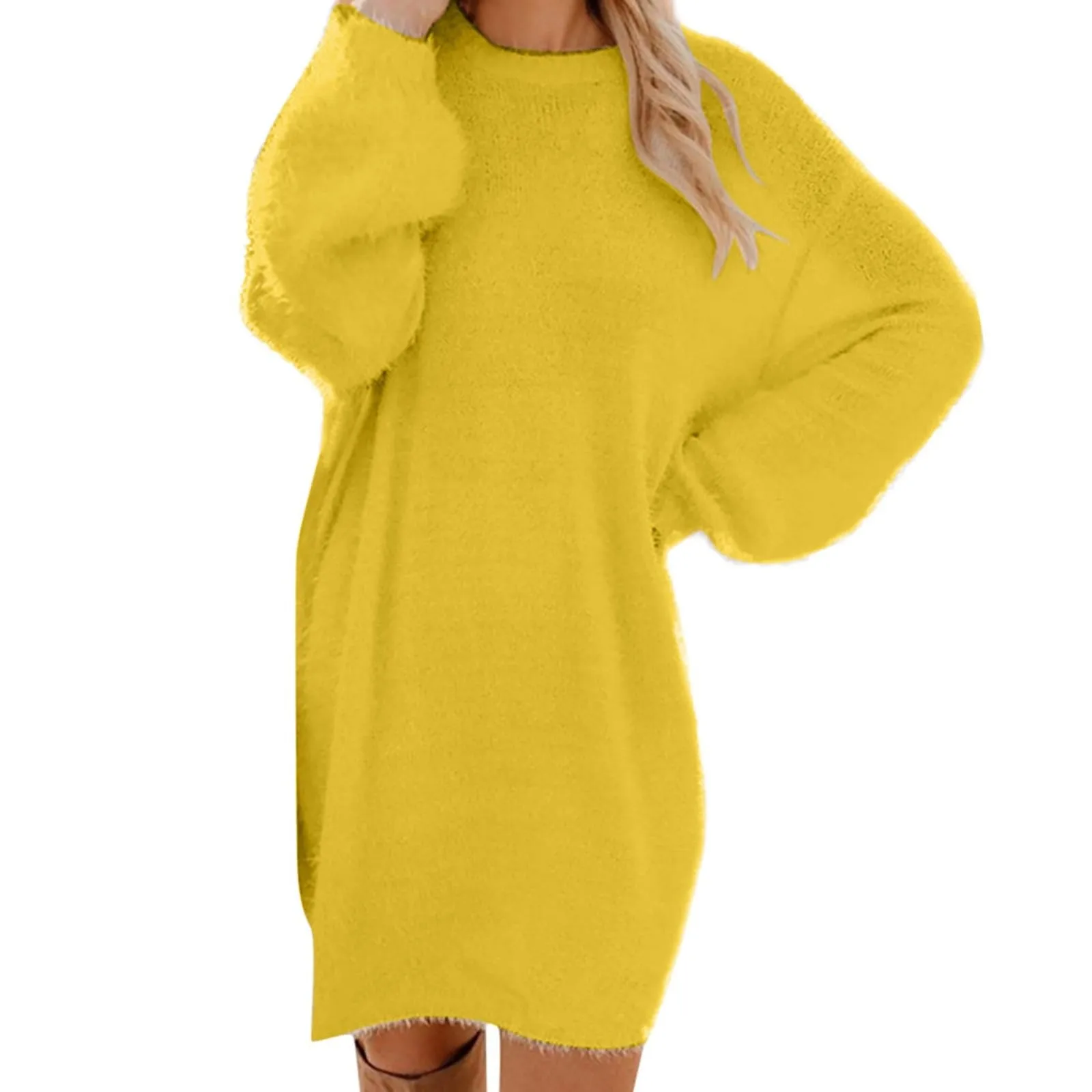 Women Winter Sweater Knit Crewneck Warm Long Sleeve O-Neck Casual Sweatshirts Dress Solid Color Oversized Basic Ladies Cloth