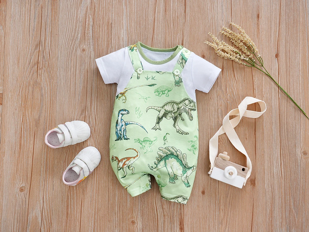 IURNXB Newborn Baby Overall Romper for Boys Infant Short Sleeve Dinosaur Printed One Piece Outfit Summer Bodysuit 0-12M