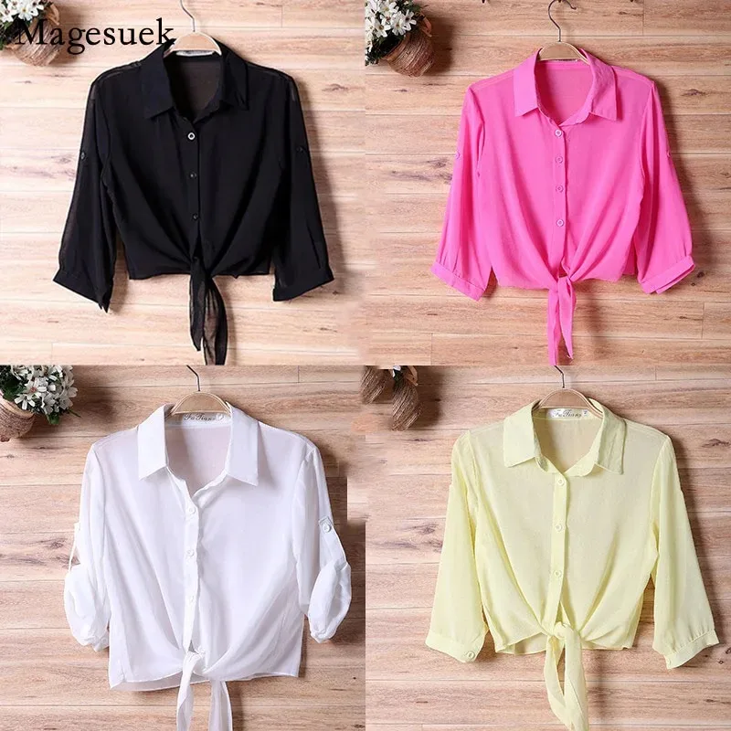 Thin Short Sleeve Chiffon Blouse for Women Casual Button Up Shirts Summer Sun Protection Clothes White Tops New 13556
