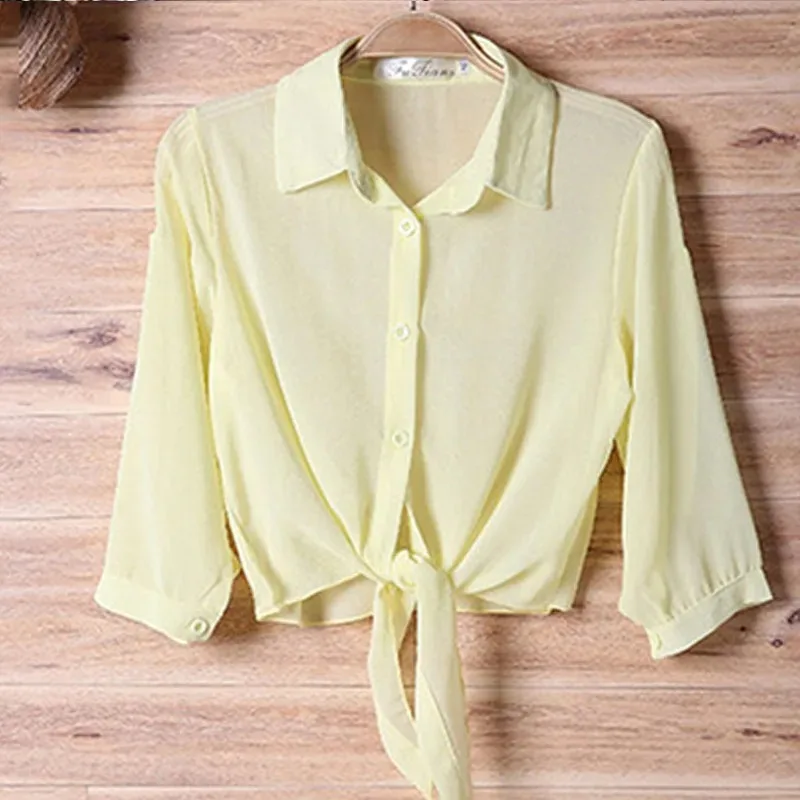 Thin Short Sleeve Chiffon Blouse for Women Casual Button Up Shirts Summer Sun Protection Clothes White Tops New 13556