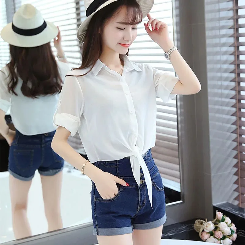 Thin Short Sleeve Chiffon Blouse for Women Casual Button Up Shirts Summer Sun Protection Clothes White Tops New 13556