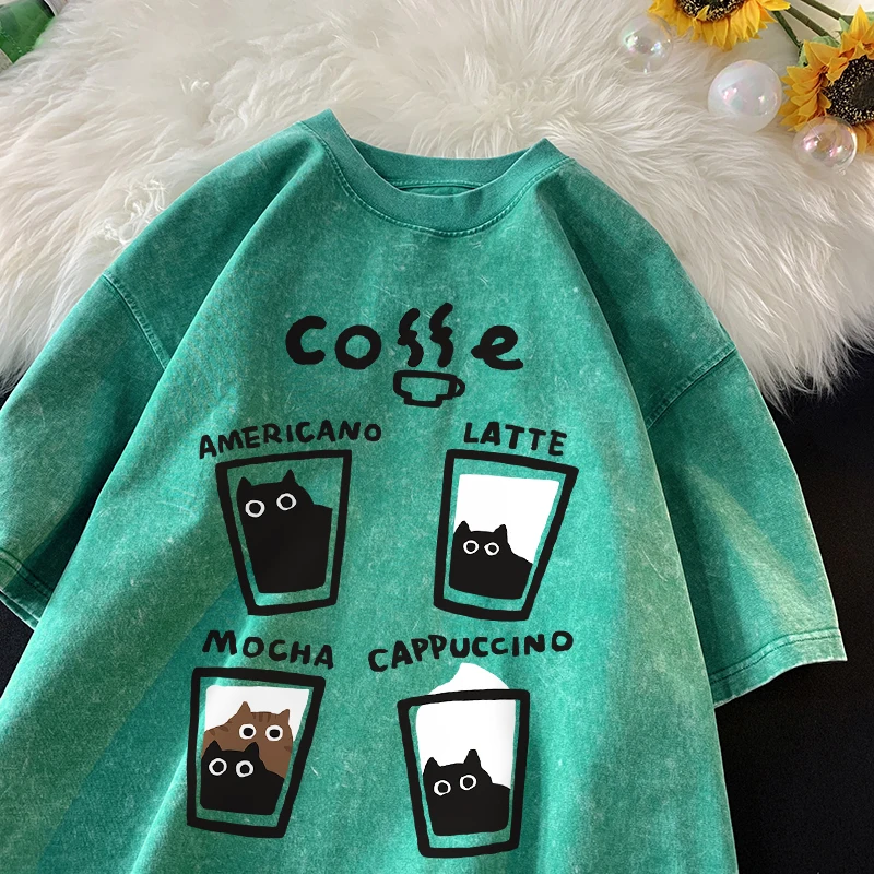 American Retro Trendy Cat Cotton T-shirt Men Women Summer Loose Couple Short Sleeve Tops Harajuku Y2k Vintage Water Washing Tee