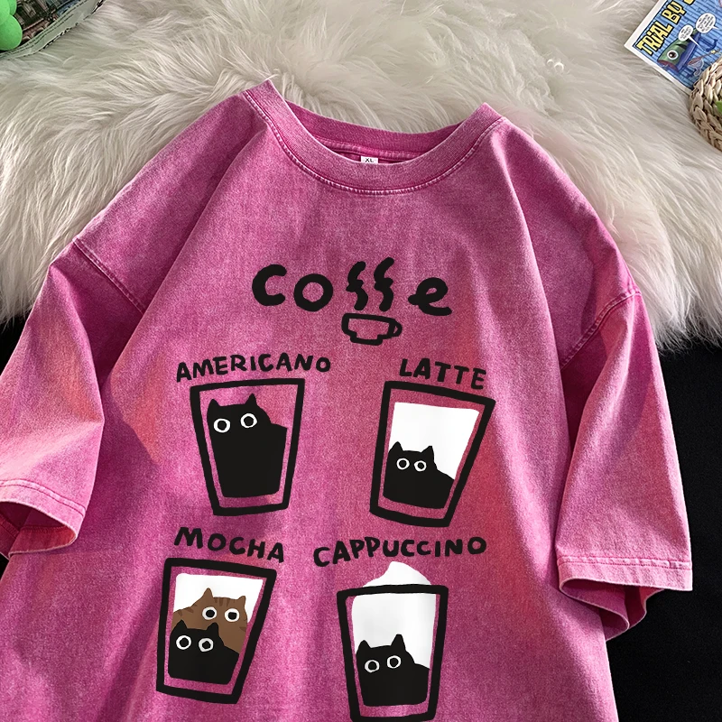 American Retro Trendy Cat Cotton T-shirt Men Women Summer Loose Couple Short Sleeve Tops Harajuku Y2k Vintage Water Washing Tee