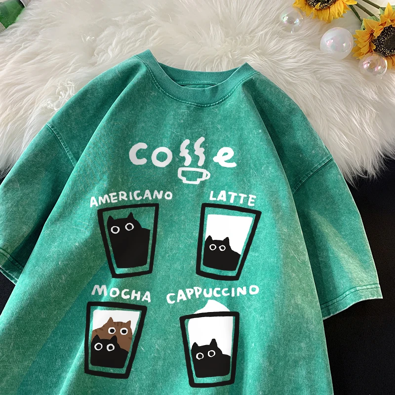 American Retro Trendy Cat Cotton T-shirt Men Women Summer Loose Couple Short Sleeve Tops Harajuku Y2k Vintage Water Washing Tee