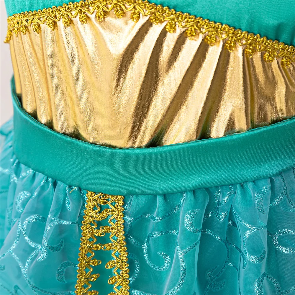 Elegnat Jasmine Princess Girls Dress Cosplay Green Exotic Birthday Dresses for Girl Fashion Holiday Children Costume Kid Clothes
