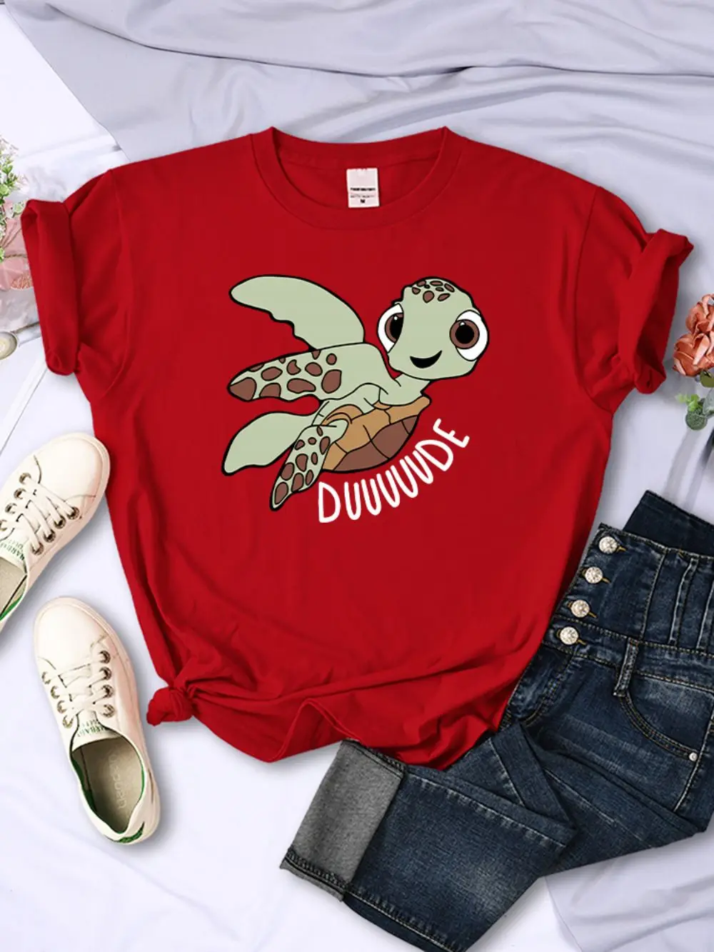 Simple Women T-Shirts Cute Cartoon Turtle Letter Prints Tops O-Neck Comfortable Soft Tee Shirts Summer Casual Female Clothes