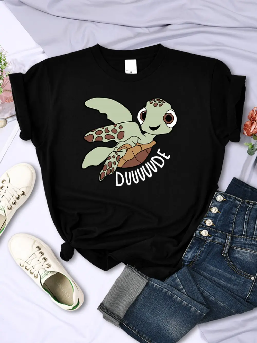 Simple Women T-Shirts Cute Cartoon Turtle Letter Prints Tops O-Neck Comfortable Soft Tee Shirts Summer Casual Female Clothes